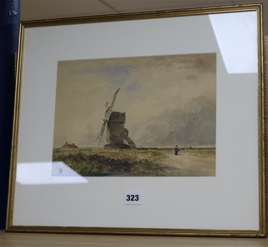 Circle of David Cox Figure passing a windmill 21 x 30cm